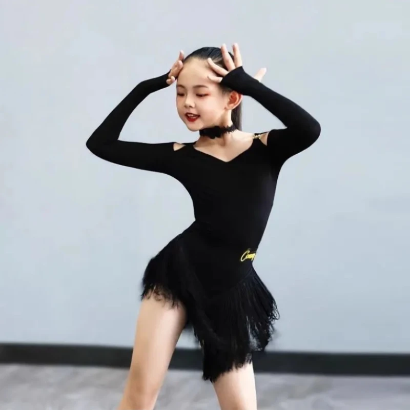 Kinderen Meisjes Latin Dans Uniform Lange Mouw Mesh Competitie Jurk Grading Split Pak Vrouwen Ballroom Dancewear Kostuums
