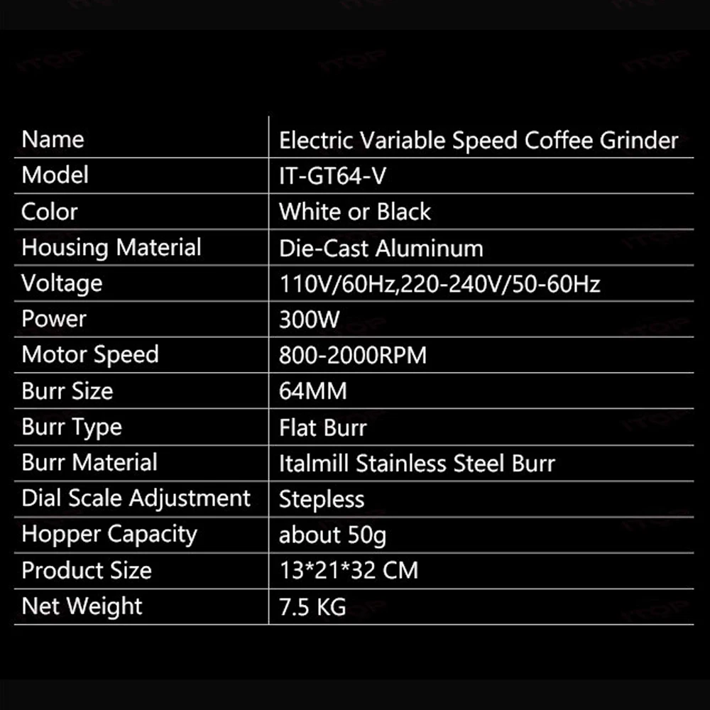 ITOP 64mm Coffee Grinder Italmill Burr Adjustable Speed 1400r/m 300W SEO/ Espresso Coffee Grinder Stepless Adjustment