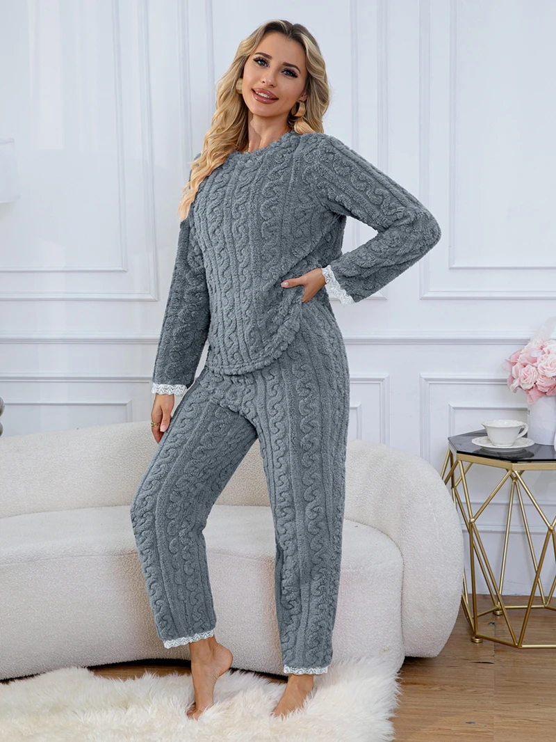 

Women's Elegant Flannel Pajama Set Long-Sleeve Round Neck Top And Full-Length Pant Lace Trim Details Loose Relaxed Fit Nightwear