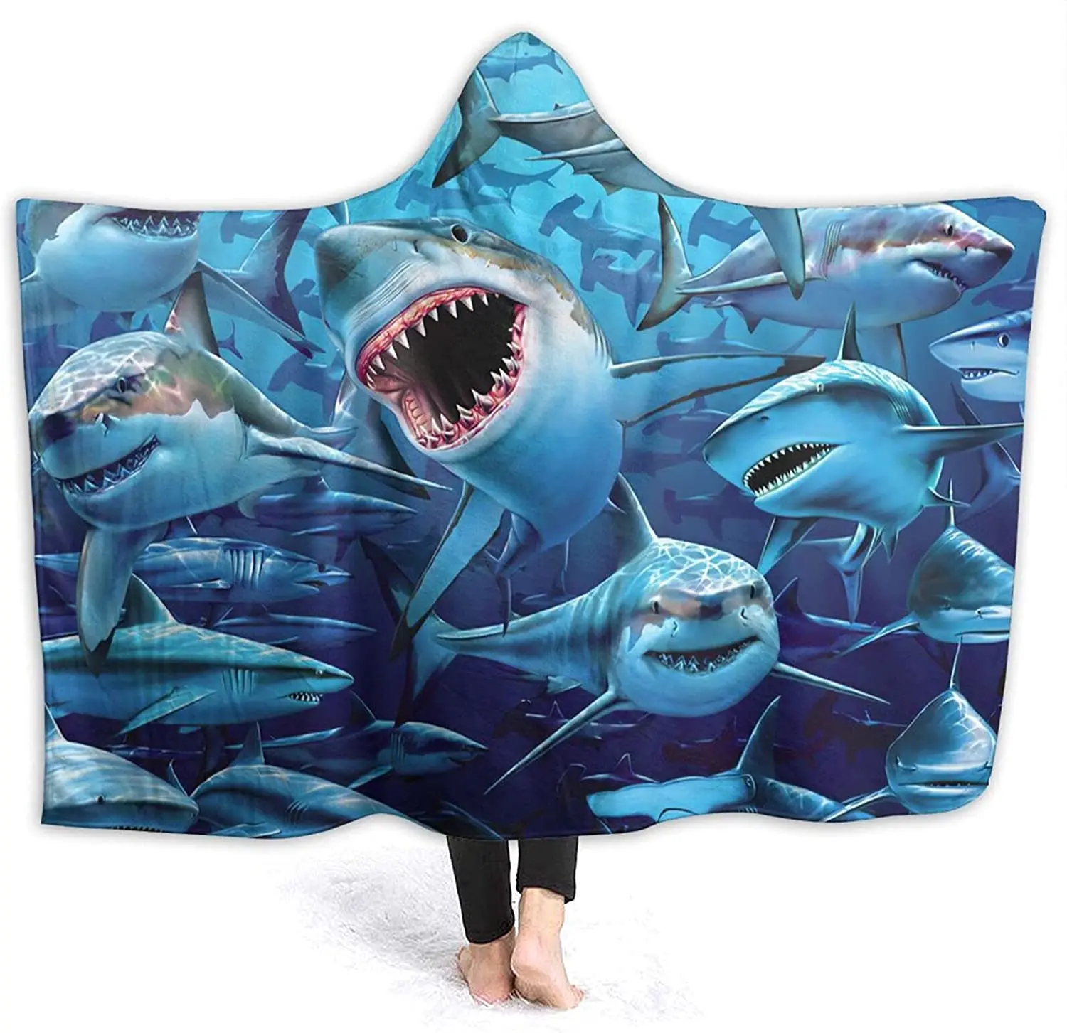 Hungry Sharks Hoodie Blanket Portable Wearable Flannel Throw Blanket for Couch Bed Sofa Blanket Hooded for Kids Teens Men Women