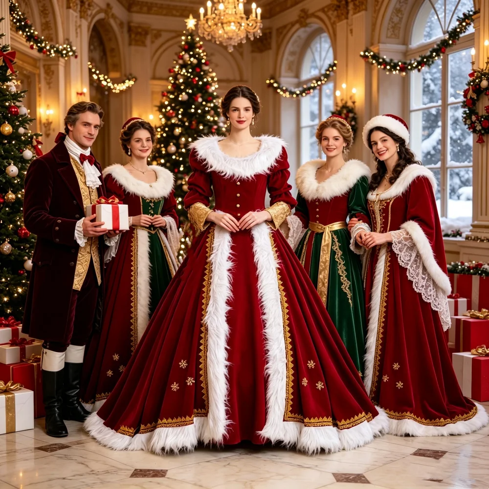 Frau Santa Claus Cosplay-Kostüm Damen Prächtiges Weihnachtsfest Rotes Kleid Viktorianisches Königinnen-Hofkleid Venezianisches Ballkleid