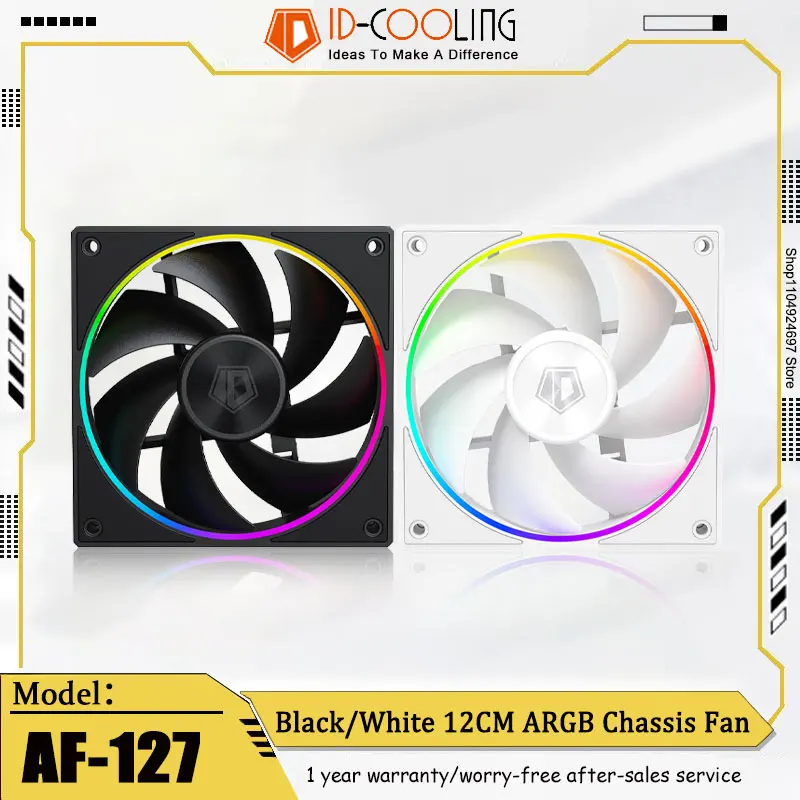 ID-COOLING AF-127 Chassis Fan 12CM FDB Bearing ARGB Lighting Effect PWM Temperature Controlled Cooling Fan Black 500-2000RPM±10%