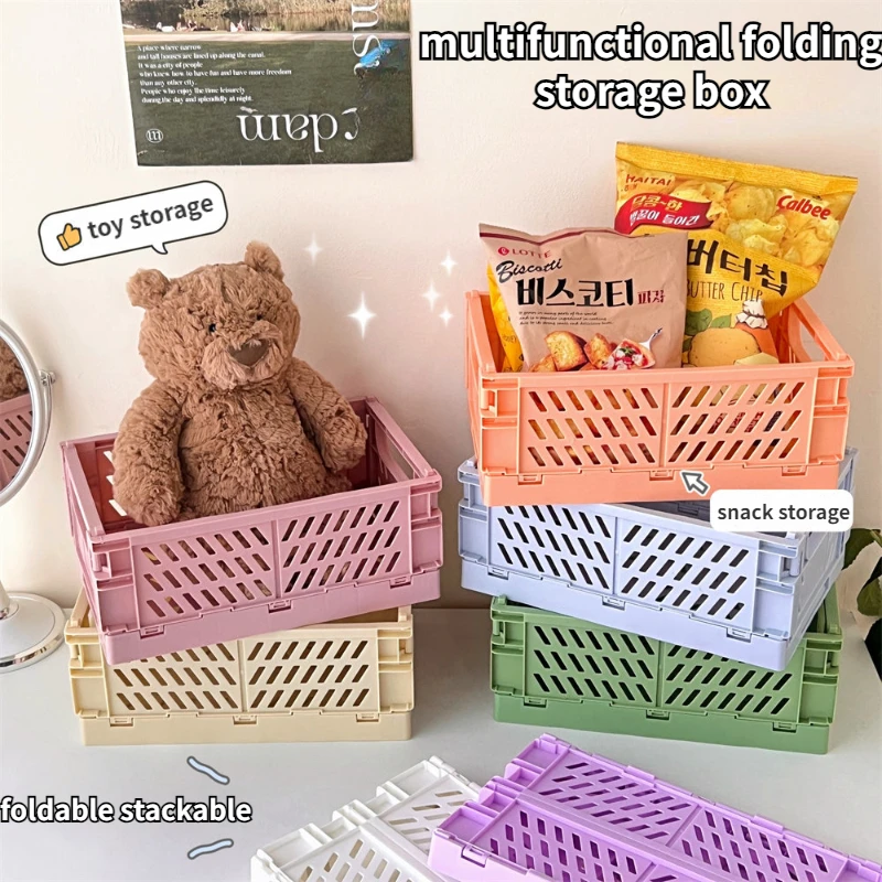 Cute Ins Folding Plastic Storage Rack Organizer Box Student Portable Desktop Food Toy HandAccount Tape Stationery Storage Basket