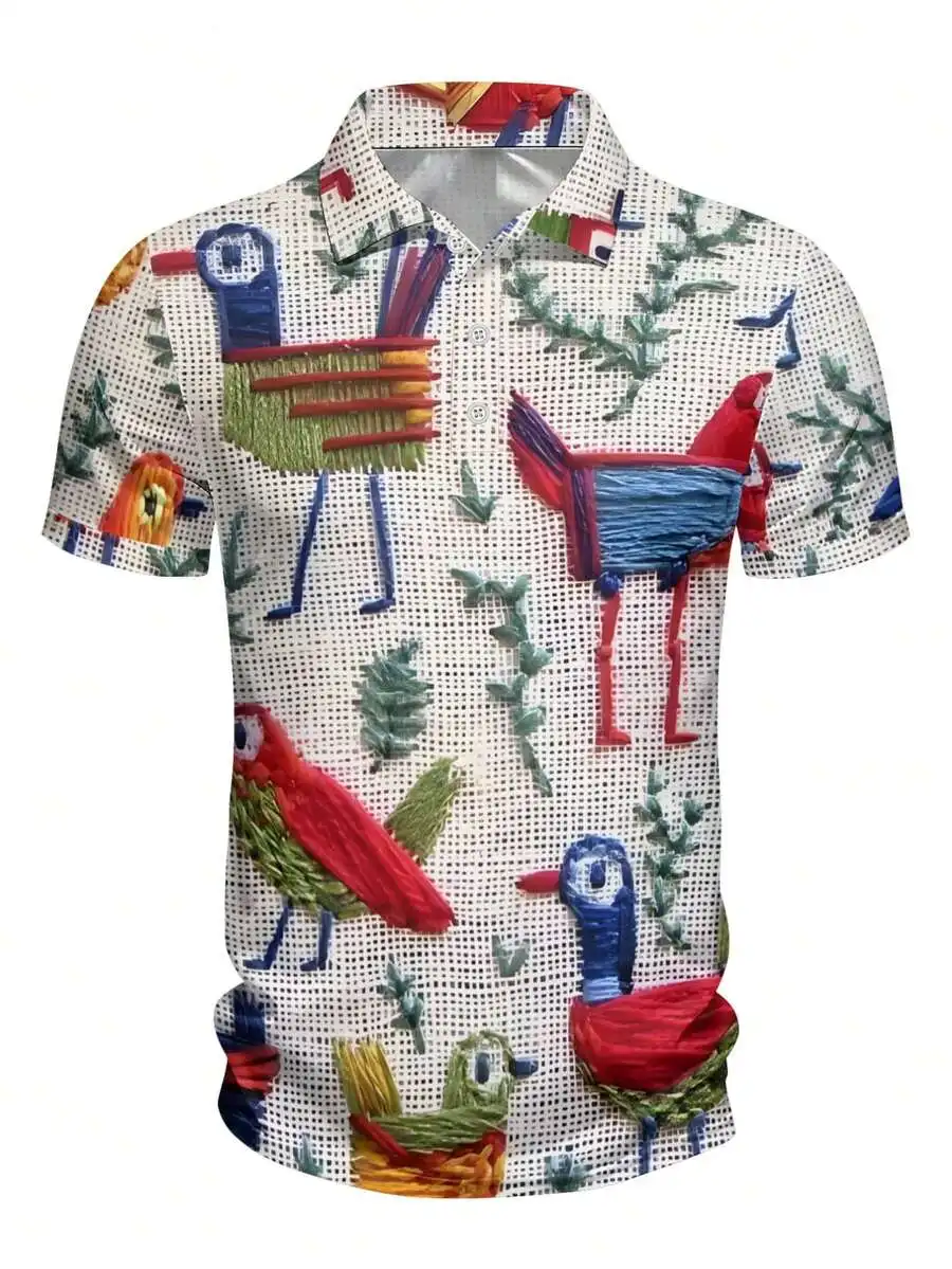 Mens Short Sleeve Shirt With Colorful Thread Bird Print On White Background Casual Summer Wear