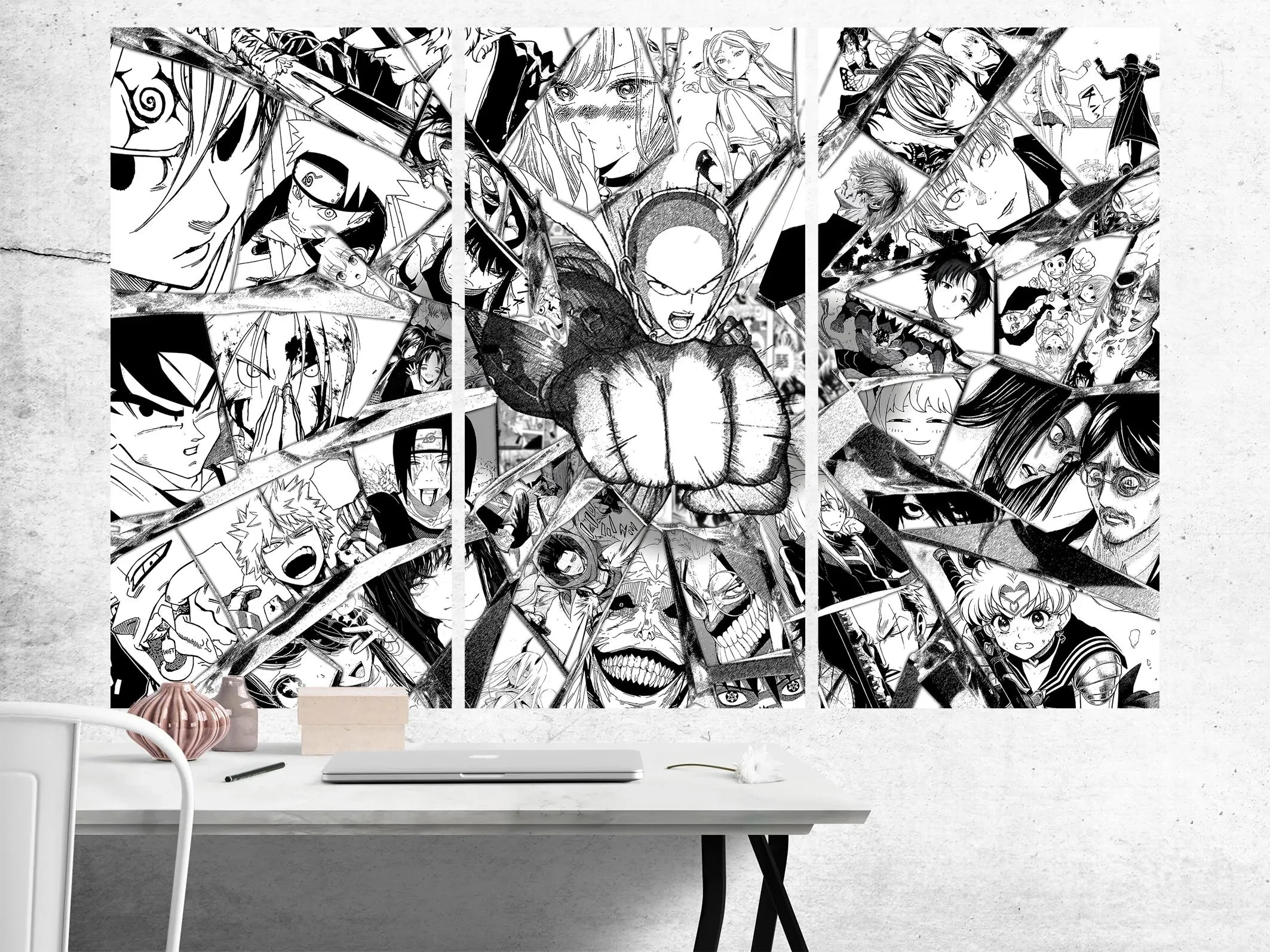 Line Art Anime Wandteppich, japanische Collage, Manga-Kunst, Wanddekoration, einzigartiges Anime-Geschenk für Geek, Schlafzimmer, Wohnzimmer, Büro, ästhetisch