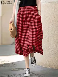 ZANZEA Women Swing Skirts Bohemian Plaid Print Overskirt Korean Fashion Pocket Summer Faldas 2024 Holiday Elastic Waist Jupes