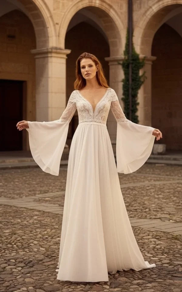 

Elegant Lace Bell Sleeves Bridal Gown V-Neck Sweep Train Chiffon A-Line Wedding Dress for Timeless European Weddings Customized