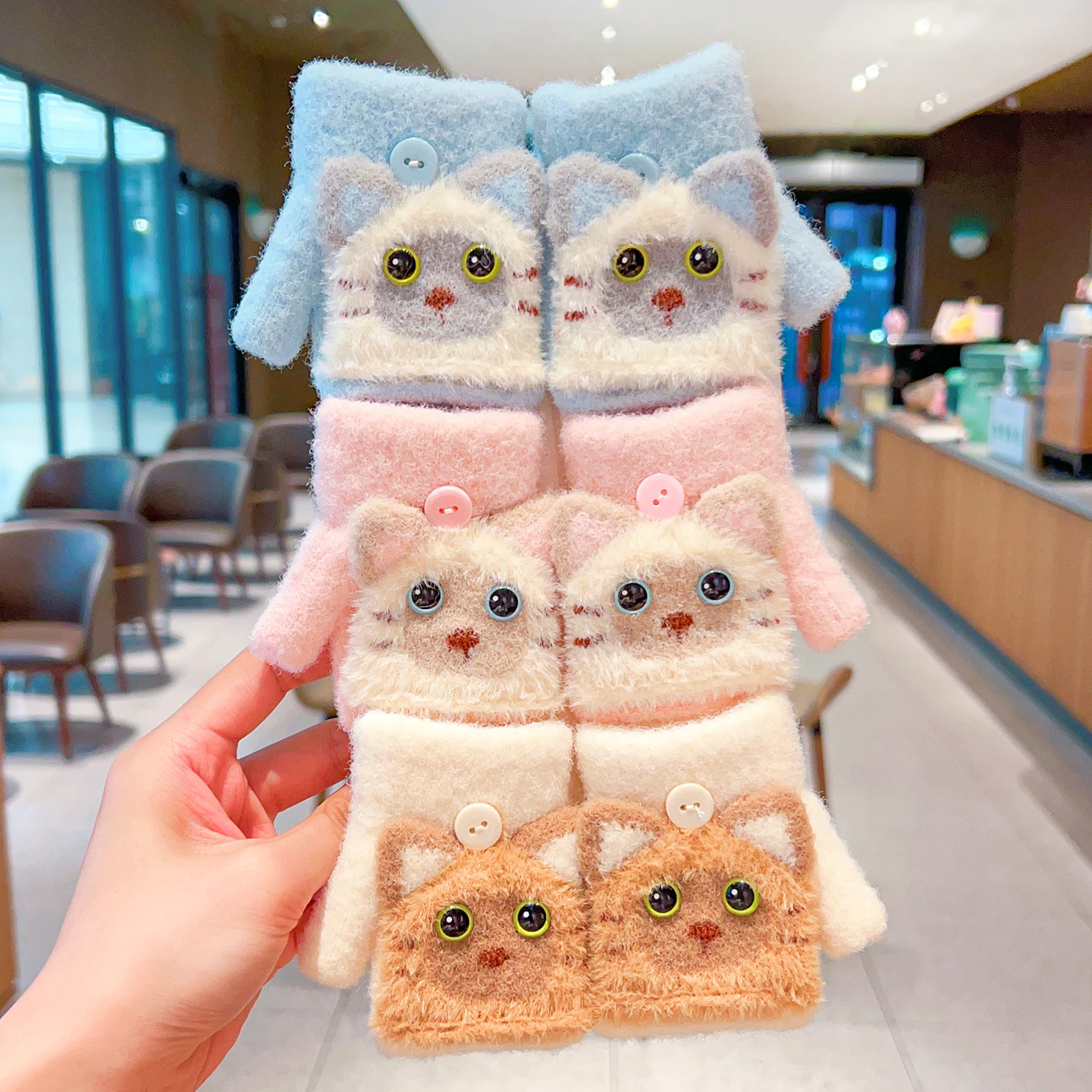 0-3Y Korean Fashion Cartoon Cat Flip Half Finger Gloves For Girls Winter Warm Plush Convertible Mittens Baby Kids Thermal Gloves