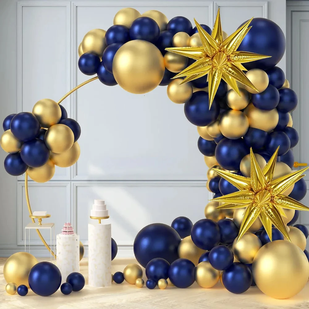 Kit de arco de globos dorados y azul marino, 104 Uds., con globo de estrella de explosión dorada para decoración de aniversario, fiesta de cumpleaños, graduación y boda