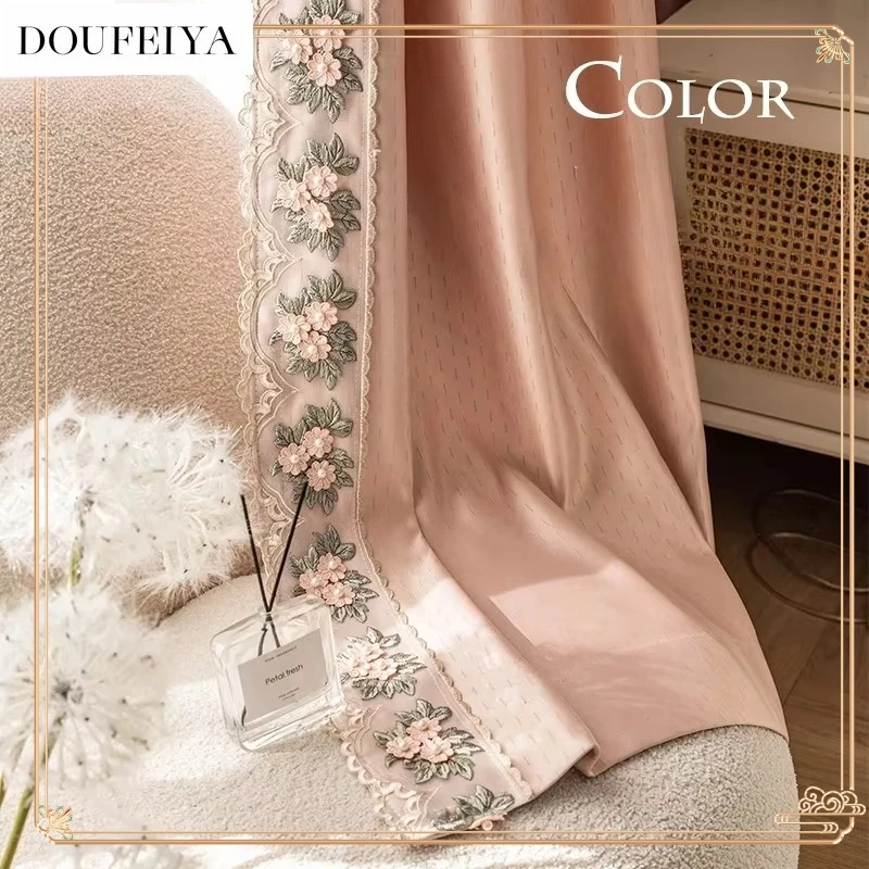 

French Three-dimensional Embroidered Pink Curtains for Living Room Bedroom Dining Blackout Elegant Girls European Tulle Child