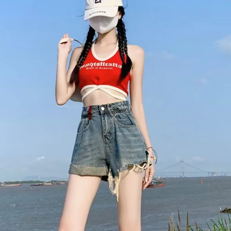 Retro Contrasting Denim, Women's Irregular Pocket Design, Tassel Shorts, Small Tall Waist, Spicy Girl Hot Pants, Summer