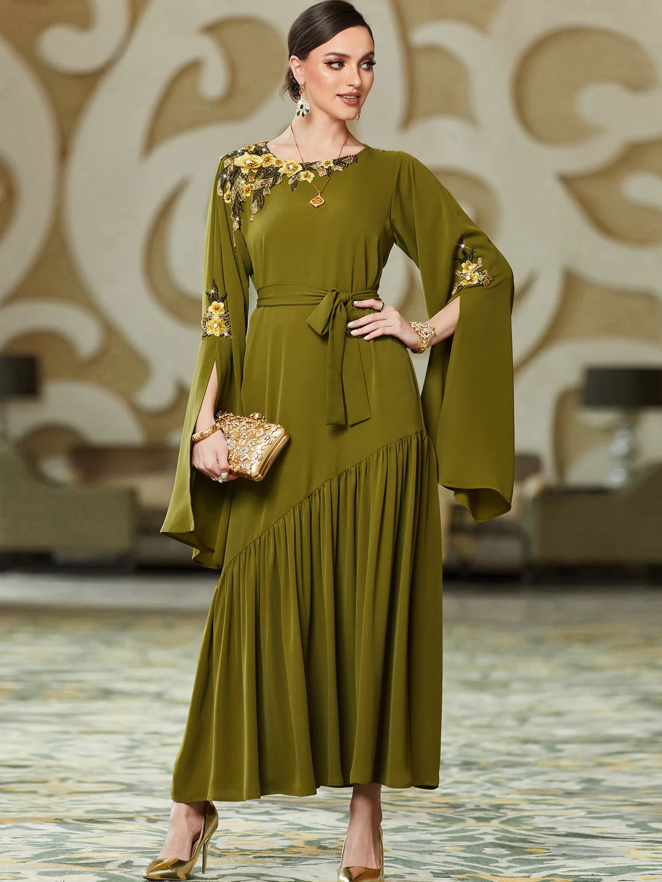 Islamic Morocco New Muslim Fashion Army Green Middle Eastern Extra Long Sleeves Heavy Duty Embroidery Applique Dress Dubai Dress