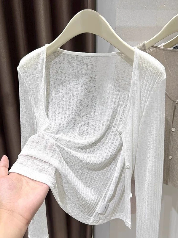 

Ice Silk Long Sleeve Knitted Open Cardigan Women's Tube Dress Outer Shawl Thin Mesh Hollow Air Conditioned Room Top Shirt