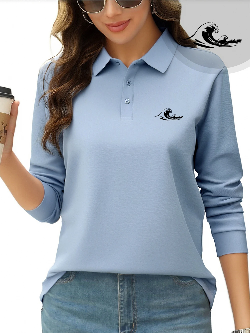 Interessante Wellen Bedrucktes Poloshirt Damen Frühling Atmungsaktive T-Shirts Pendeln Lange Ärmel Tops Sportliche Frau Neue Arbeitskleidung