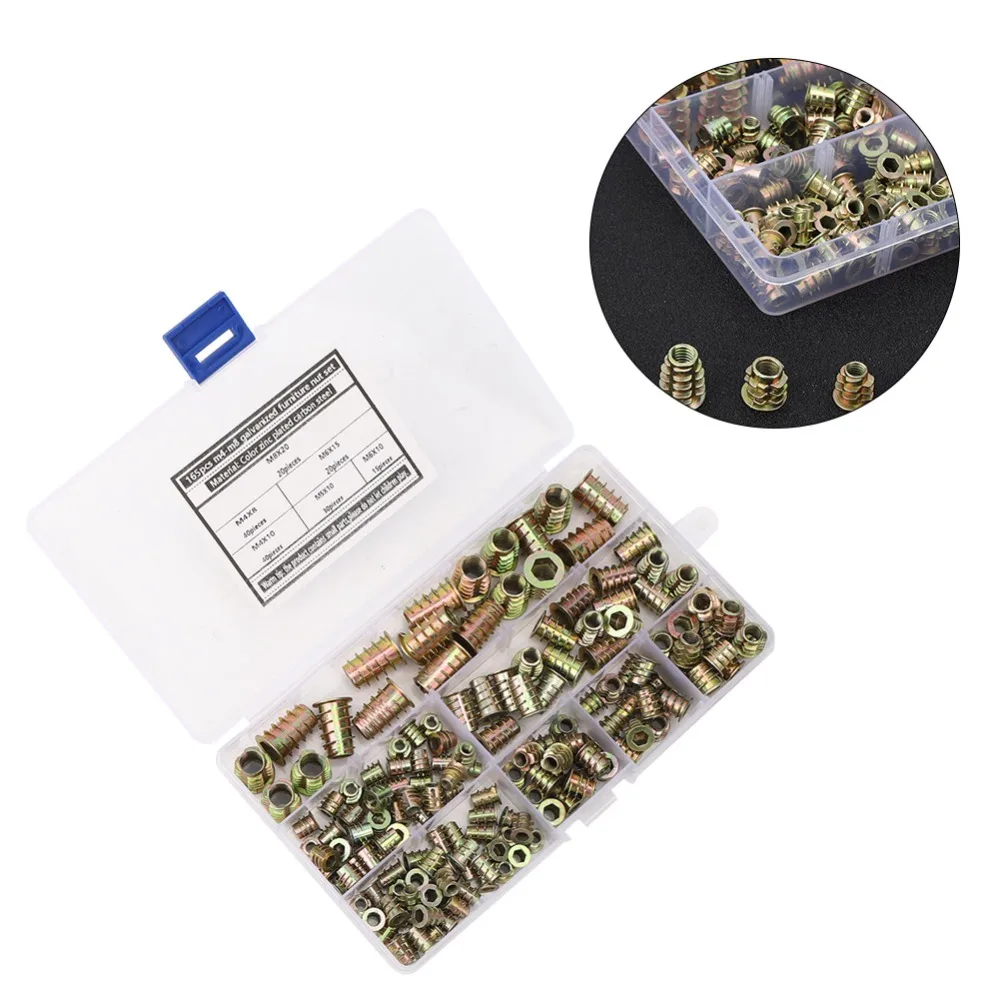 165pcs Hex Flanged Threaded Insert Nuts Metric Bolt Fastener Hex Drive Wood Insert Assortment Kit Screw in Nut Inserts