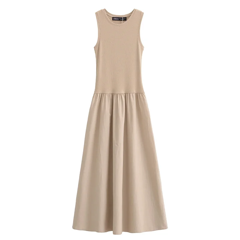 Abiti lunghi neri da donna Abiti eleganti senza maniche primaverili Abiti casual vintage da festa color kaki