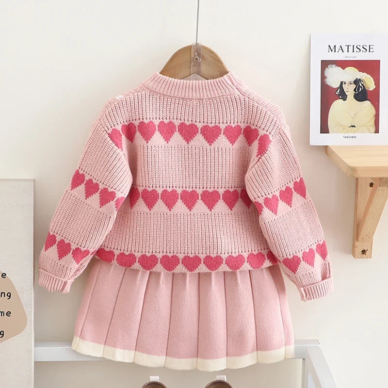 Zestaw ubranek dla dzieci na wiosnę 2026, dla dziewczynek w wieku 2-6 lat, dzianinowy komplet: sweter z długim rękawem + krótka spódniczka