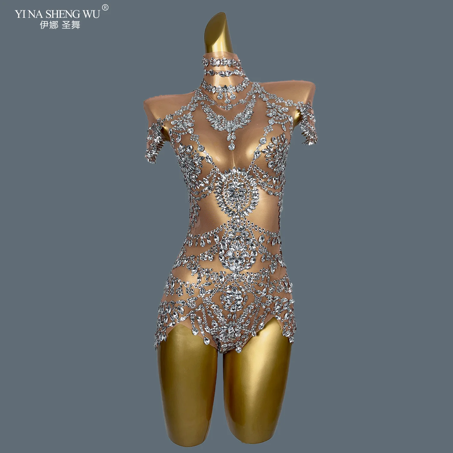 

Боди с блестящими бриллиантами, женский сексуальный сетчатый прозрачный танцевальный наряд, костюм для выступлений, певица, вечеринка, клубное шоу, сценическая одежда Wuniang