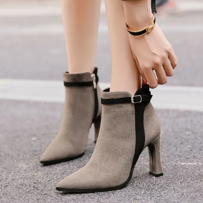 Short Shoes For Woman Suede Women\'s Ankle Boots Very High Heels Booties Pointed Toe Footwear Heeled Black On Offer Korean Style