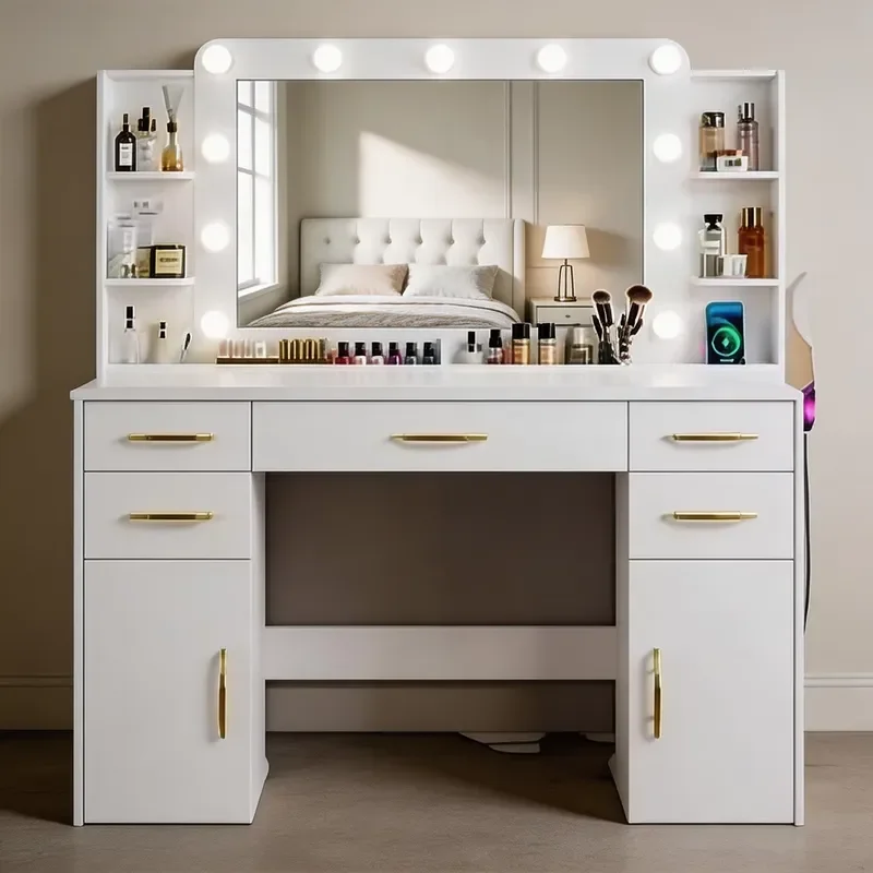 Popular Foldable Solid Oak Wood Bedroom Dressing Room Modern Makeup Vanity with Lighted Mirror and Iron Frame Multi-Mount