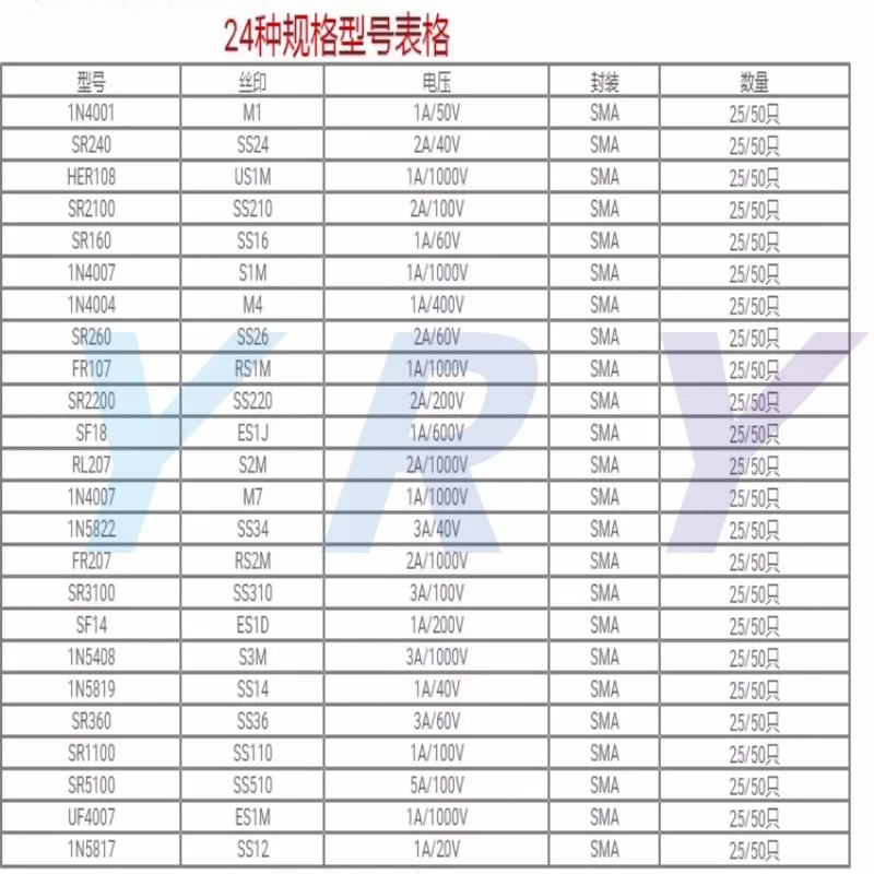 Rectifier Diode Sample Book SMD SMA Assortment Kit 33 Values Schottky Diodes M1 M4 M7 SS12 SS14 SS16 SS24 SS34 SS36 SS110 SS210