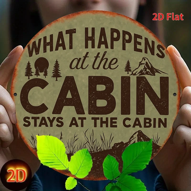 مسطح ثنائي الأبعاد، قطعة واحدة من فن الحائط للمقصورة الريفية - "ماذا يحدث في المقصورة يبقى في المقصورة" علامة حديدية بتصميم جبل وشجرة صنوبر #5