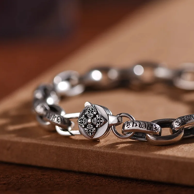 High Quality S925 Sterling Silver New Six-Character Mantra Bracelet Men Women Retro Trend Jewelry Gift