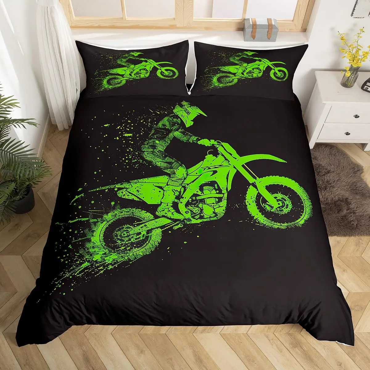 Motocross Rider Duvet Cover Set Boys Teenagers Extreme Sports Theme Queen Black Bedding Set Men Green Motorbike Comforter Covers