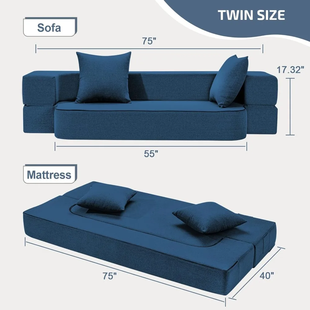 Sofá-cama conversível com travesseiros – Cadeira dobrável e sofá-cama com capa lavável e colchão de espuma viscoelástica