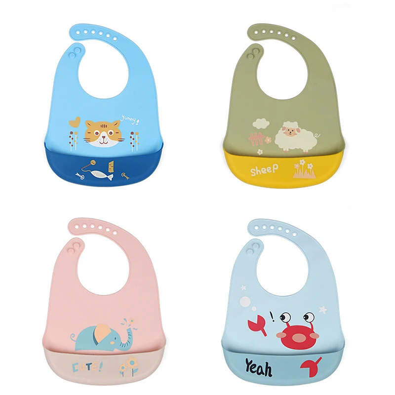 Silicona Baby Food Grade Waterdichte Siliconen Slabbetjes Voor Baby Verstelbare Leuke Cartoon Baby Slabbetje Jongens Peuter Voeden Spullen