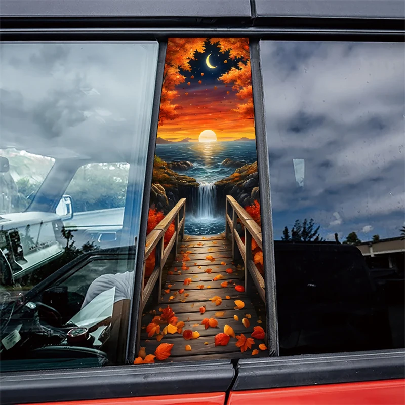 

2 pieces car center pillar stickers Autumn Night Waterfront Scratch-resistant protective film