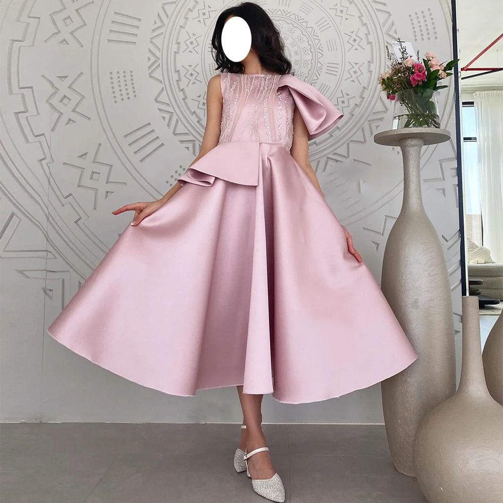 Formal Pink A-Line Tea Length Boat Neck Evening Dress Satin Sleeveless pleats Custom Size Lace Bespoke Occasion Gowns 2024