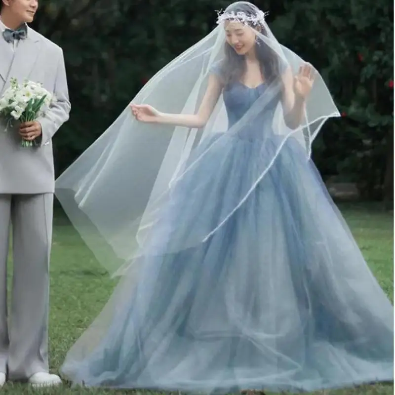 Vestidos de novia más nuevos, vestido de novia sencillo de princesa de tul azul con tirantes finos, vestidos de fiesta largos y elegantes personalizados