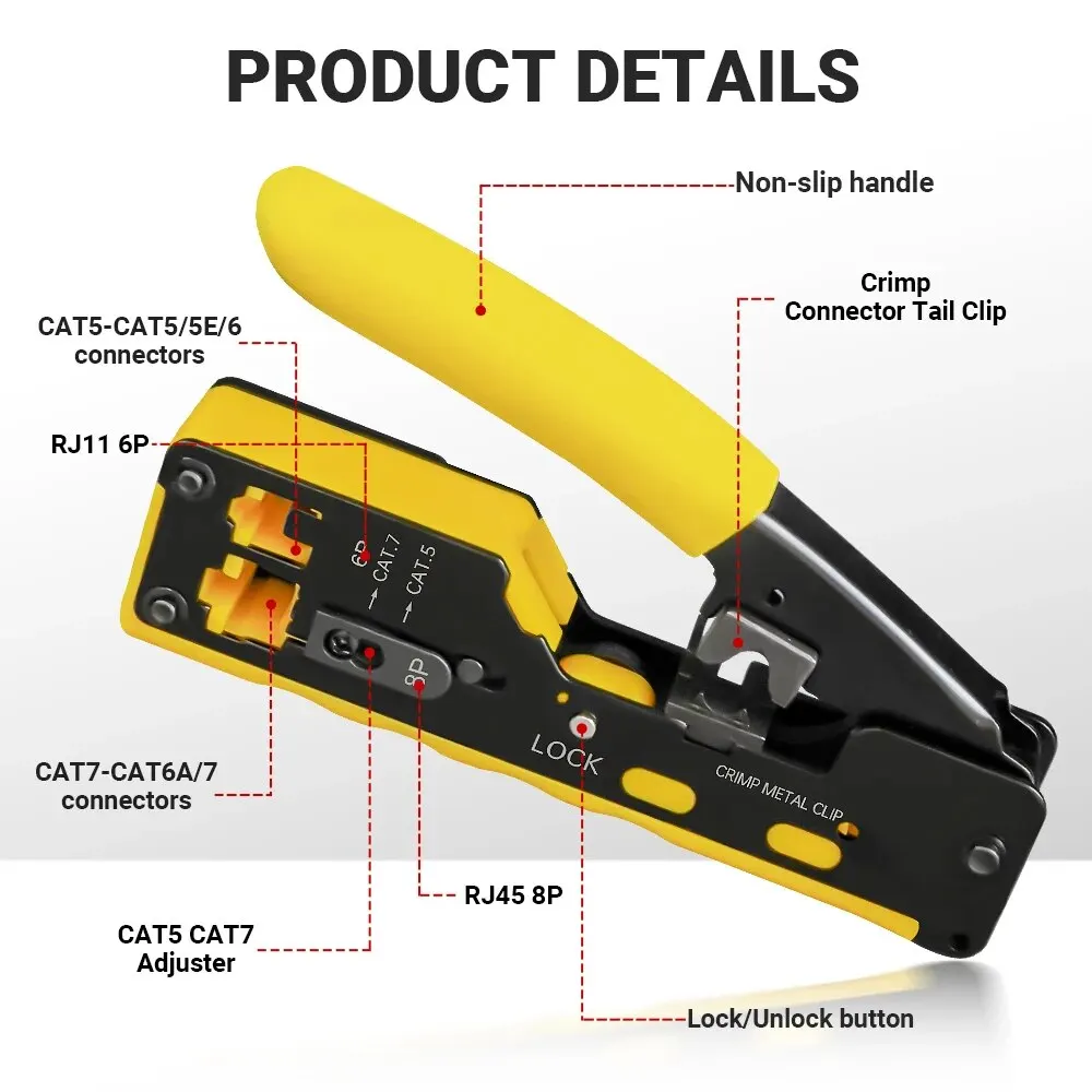 AMPCOM EZ-Type RJ45 Network Crimper - Crimp/Cut LAN CAT8/7/6A/6/5E (STP/UTP/With Tail Clip) & RJ11/12 TEL Modular Cable (AM-718)