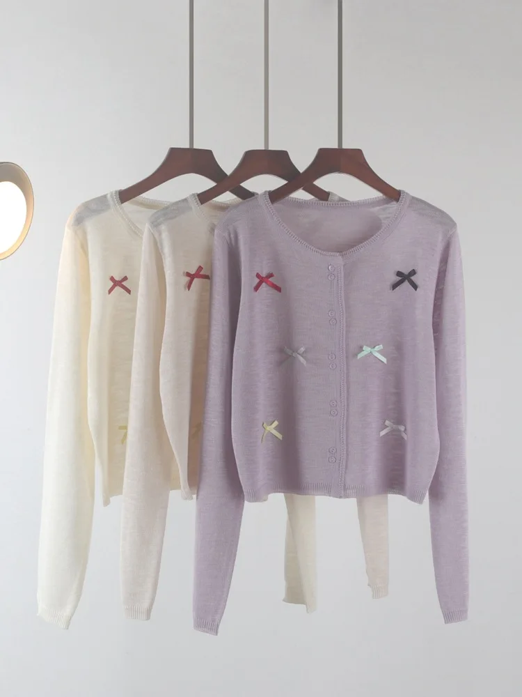 

New bow solid sweater candy women Knit Top Fashion Female Cardigan summer spring Long sleeve adult jacket clothe ladies M L