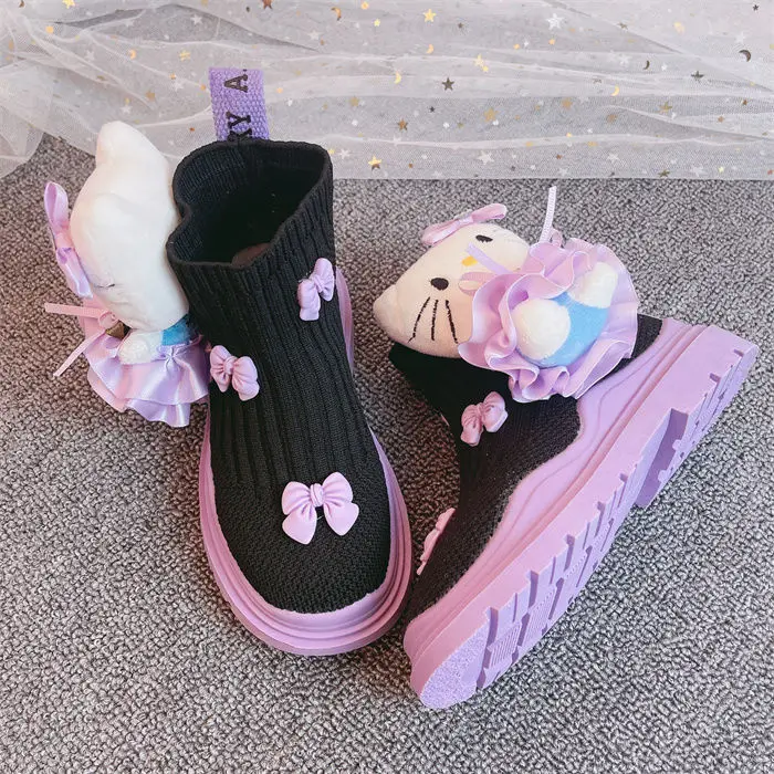 Hello Kitty Cartone animato per bambini KT Cat Sock scarpe per bambini 2024 Primavera e autunno Nuova ragazza Stivali corti traspiranti a maglia alta