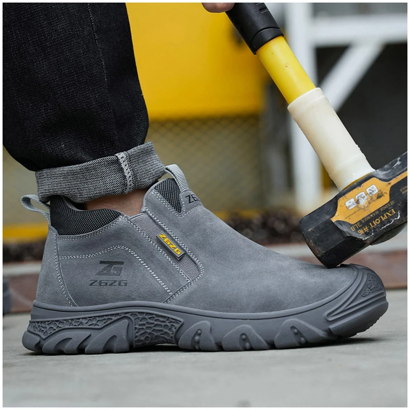 

plus size mens fashion steel toe caps working shoes slip-on safety boots cow suede leather welding sneakers worker safe footwear