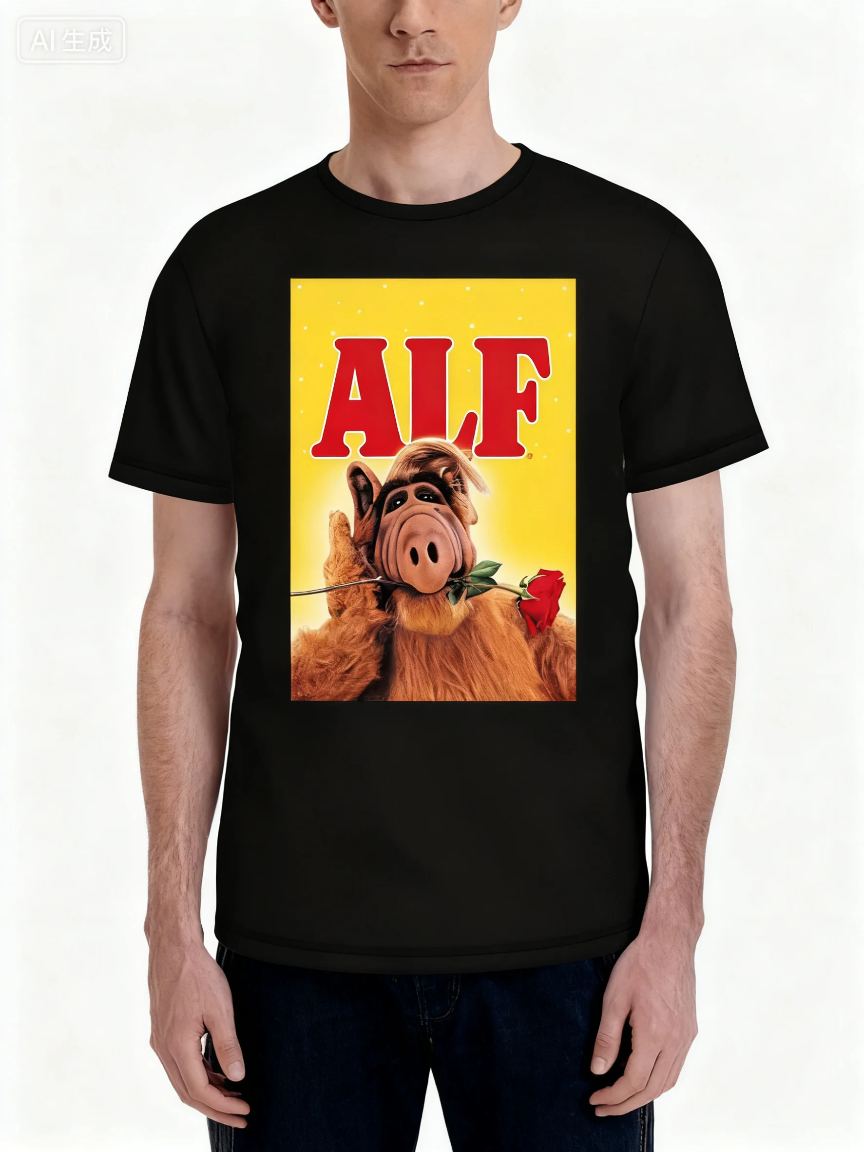 تي شيرت رجالي برسومات ALF الكلاسيكية - تصميم Gordon Shumway Mugshot، برنامج تلفزيوني في الثمانينيات، رقبة دائرية، مسامي ومريح،