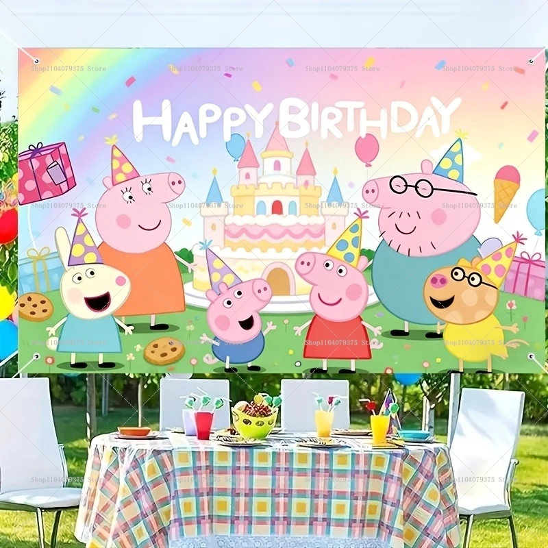 Fondo de Feliz Cumpleaños de Peppa Pig, perfecto para fiestas, reuniones familiares, decoraciones de celebración de cumpleaños para niños y niñas