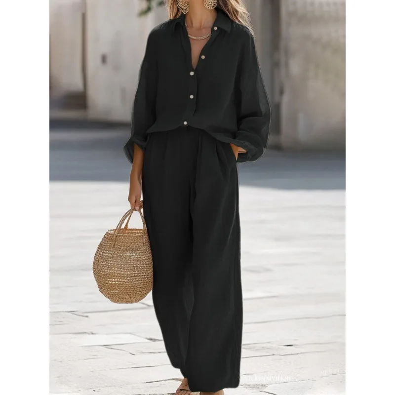 

2025 Новая женская повседневная рубашка с длинными рукавами и брюками со сращенными лацканами, модный однотонный костюм