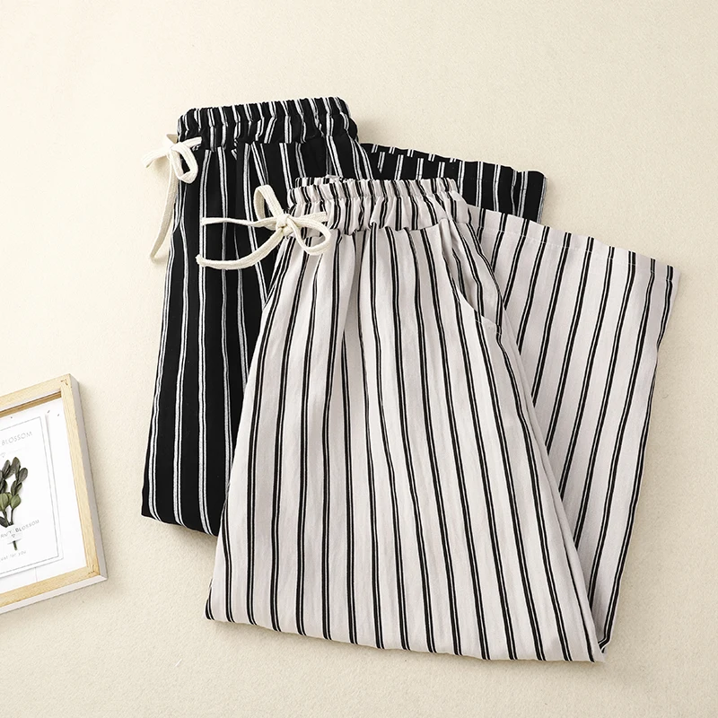 Pantalon décontracté en coton et lin à jambes larges, rayé, neuf Points, ample, assorti à tout, taille en l, pantalon large pour dames