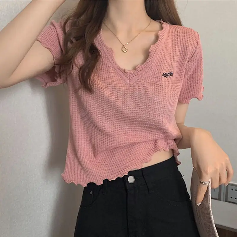 Oversized Summer Short Sleeve T-shirt Women's Foreign Style Versatile Slim Knitted Top Underlay