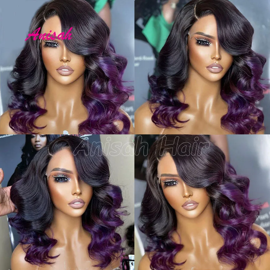 

100% Virgin Hair Ombre Purple Colored 4x4 Closure Wigs With Baby Hair Glueless 13x4 Lace Front Human Hair Wigs For Women