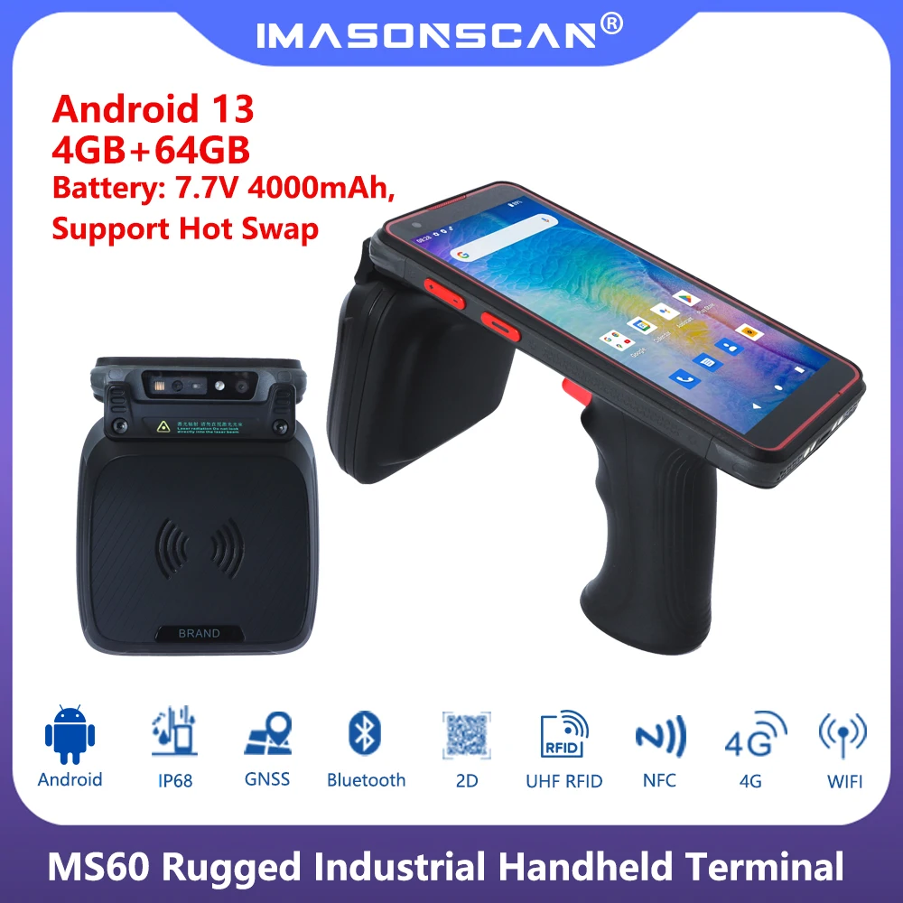 

MS60 Rugged Handheld UHF RFID reader 6Inch Rugged Data Collector Android 13 QR Code Scanner PDA 4+64GB NFC For Inventory