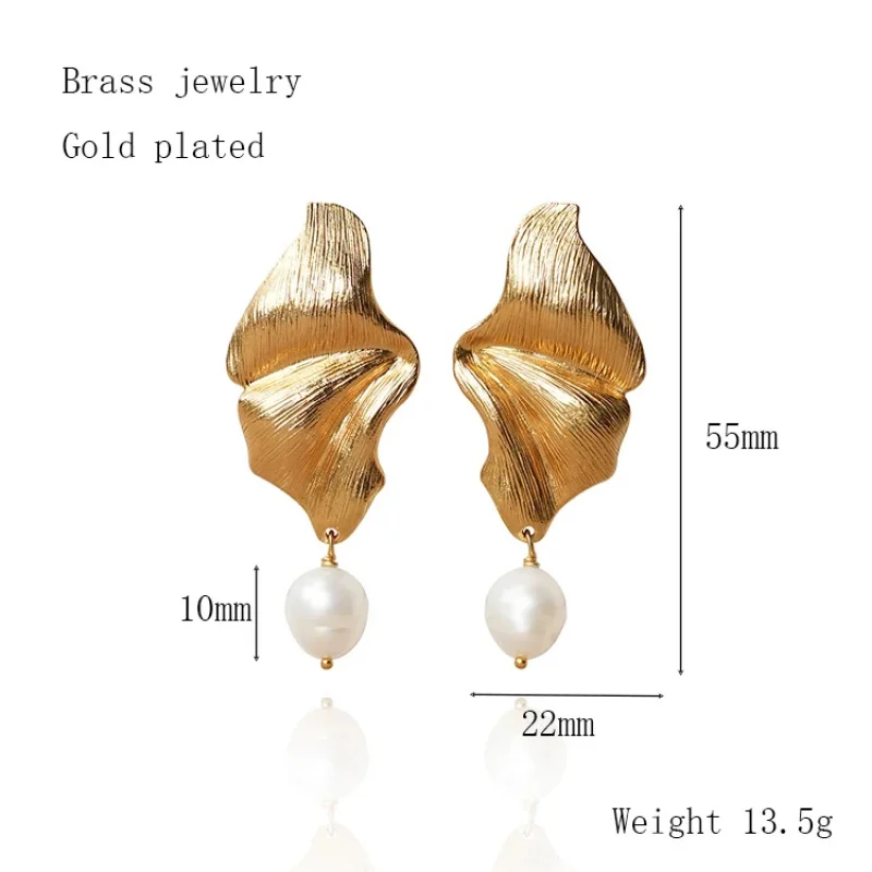 Litheline 24K Gold Plated Brass Draped Leaf Earrings, Hand-Textured Baroque Pearl Designer Piece Artisanal Luxury Jewelry view 6