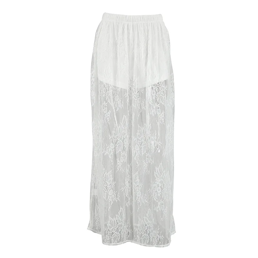 مثير منظور تنورة دانتيل المرأة الربيع والصيف مزاجه الأبيض عالية الخصر ألف على شكل تنورة طويلة الملابس النسائية بالجملة #5