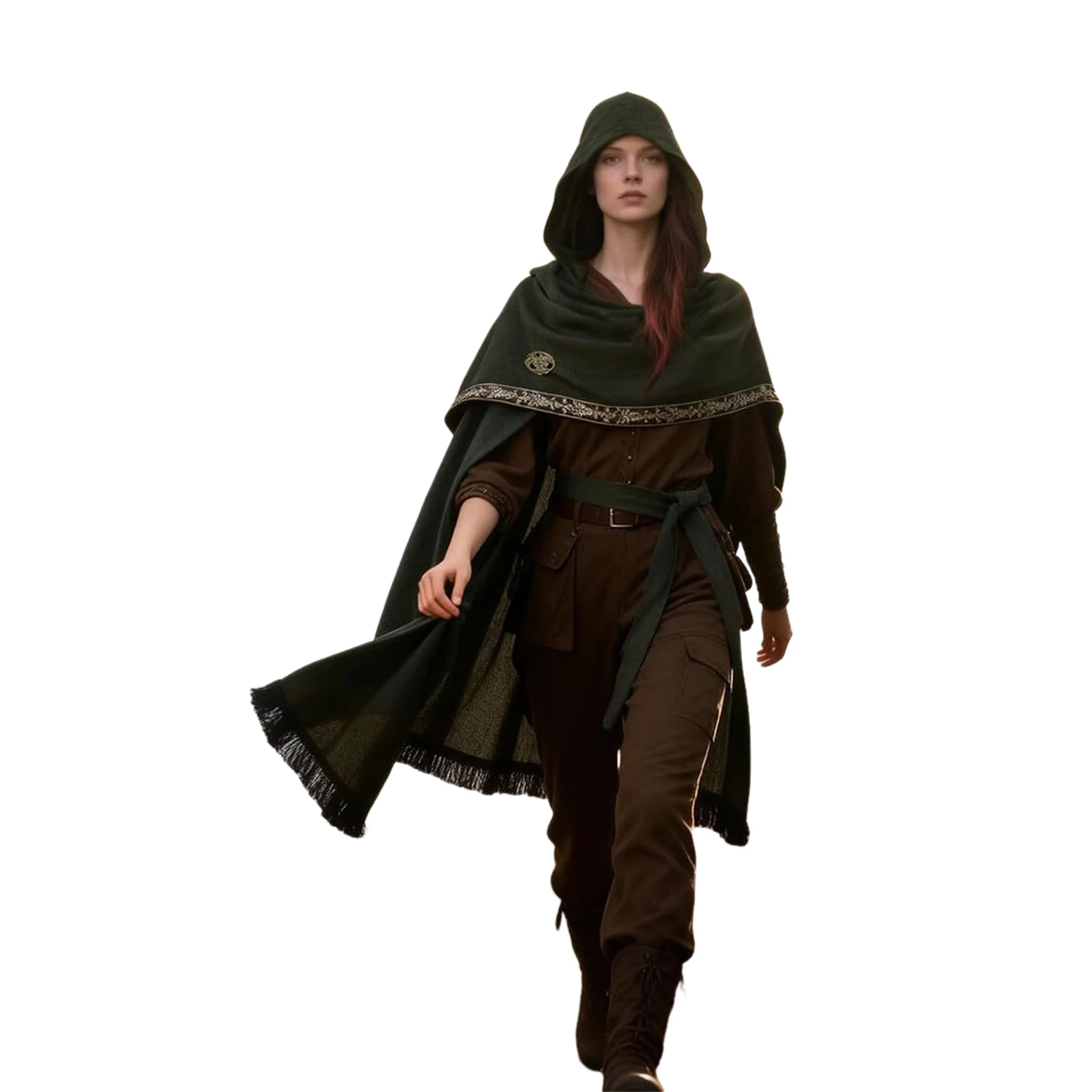 

Women Medieval Hooded Cloak with Belt Tassel Hem Renaissance Viking Pirate Cape Halloween Carnival Cosplay Costume