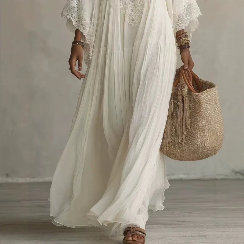 Vintage Solid Lace Maxi Dresses New Women Boho Deep V Neck Wide Flared Sleeve Folds Loose Tiered Elegant Holiday Travel Dresses view 6