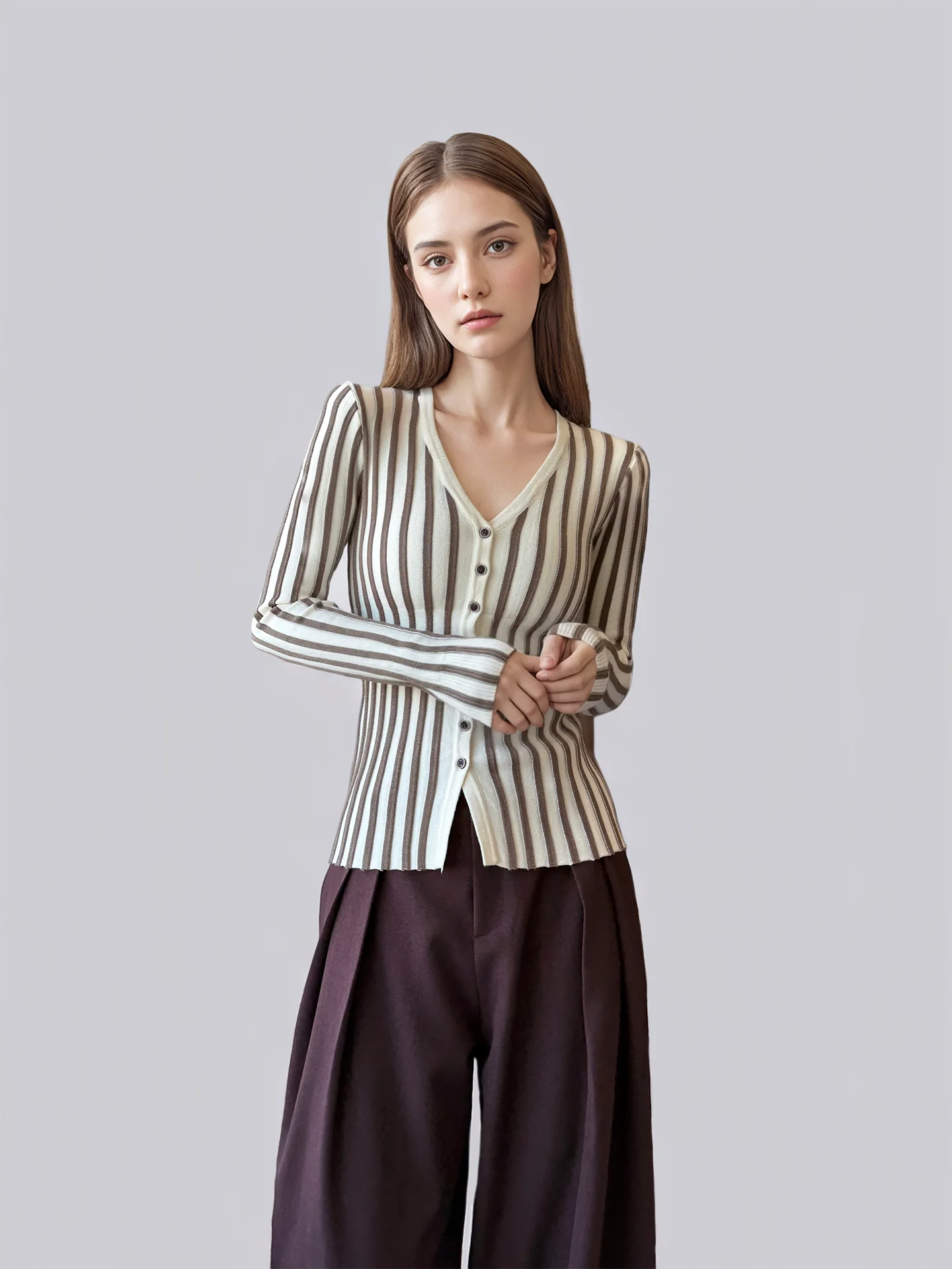 

ANGJIA Early Spring Women's V-Ne Striped Knitwear Elastic Base irt Slimming Open Cardigan Soft Comfortable Long Sve