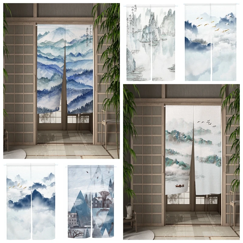 

Oriental Landscape Split Door Curtains Mountain Bird Art Pattern Partition Curtain Bedroom Kitchen Linen Hanging Half Curtains